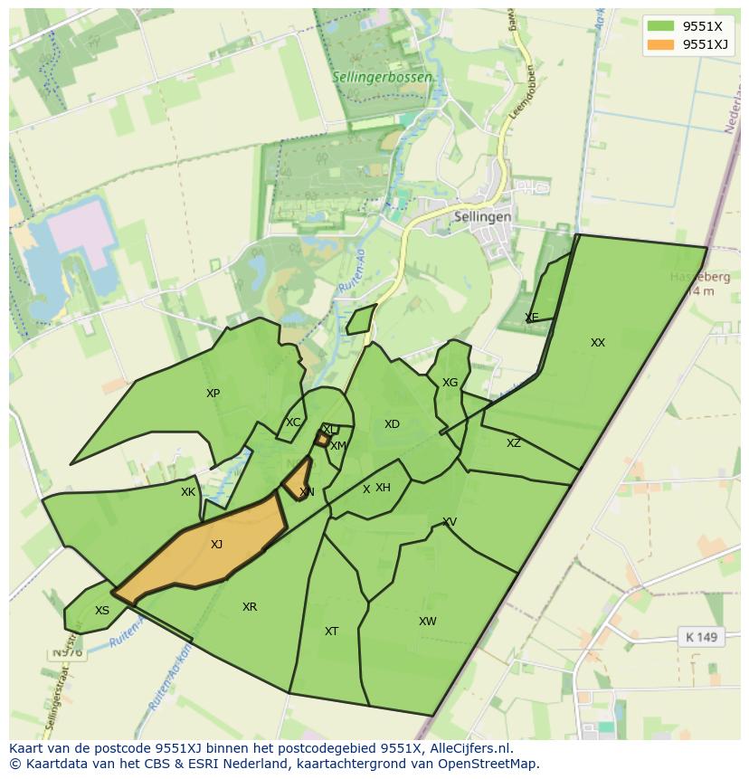 Afbeelding van het postcodegebied 9551 XJ op de kaart.