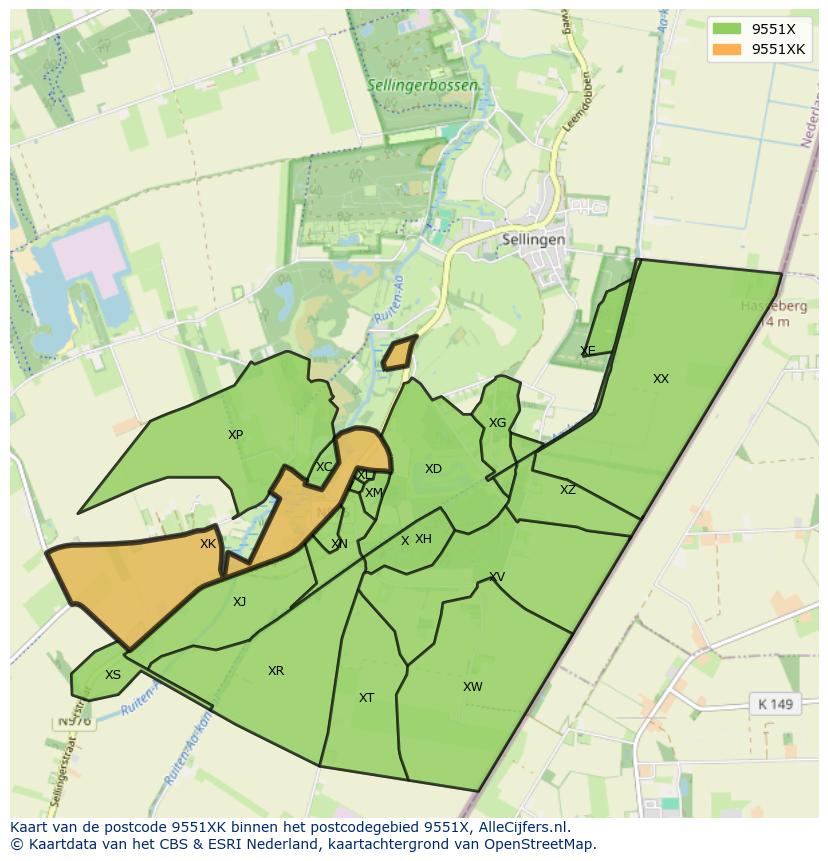 Afbeelding van het postcodegebied 9551 XK op de kaart.