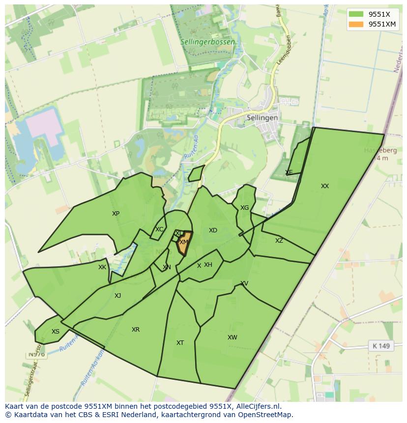 Afbeelding van het postcodegebied 9551 XM op de kaart.