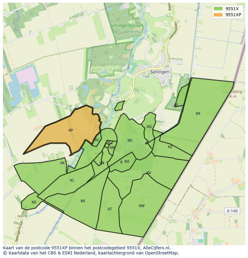 Afbeelding van het postcodegebied 9551 XP op de kaart.
