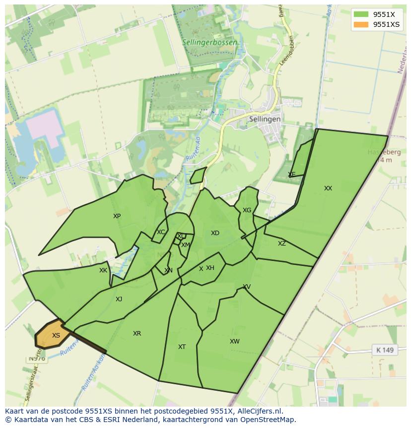 Afbeelding van het postcodegebied 9551 XS op de kaart.
