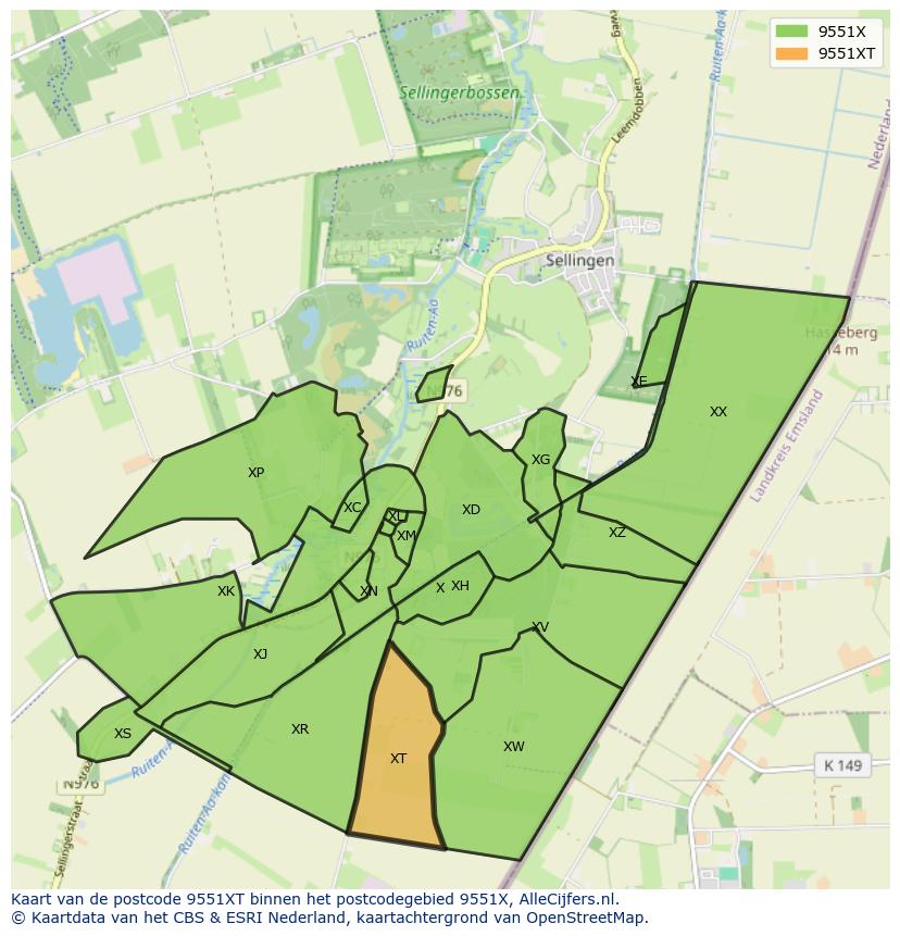 Afbeelding van het postcodegebied 9551 XT op de kaart.