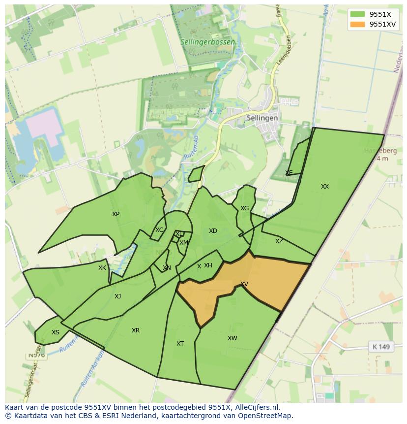 Afbeelding van het postcodegebied 9551 XV op de kaart.