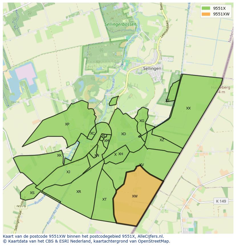 Afbeelding van het postcodegebied 9551 XW op de kaart.