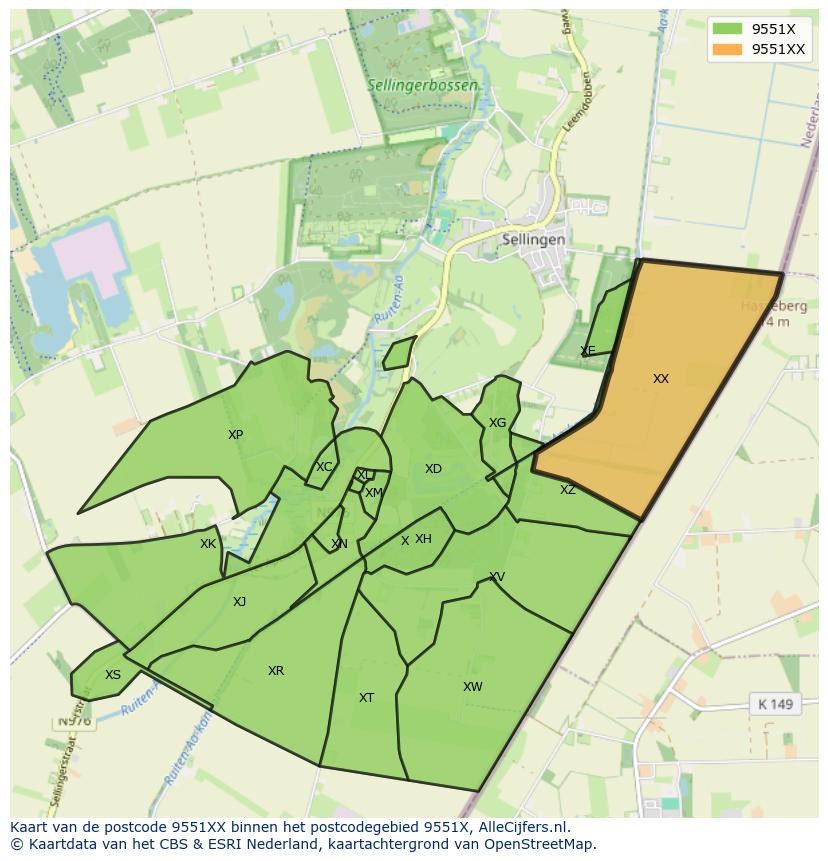 Afbeelding van het postcodegebied 9551 XX op de kaart.