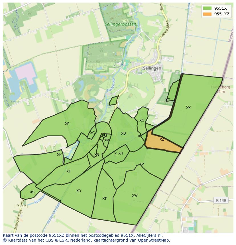 Afbeelding van het postcodegebied 9551 XZ op de kaart.