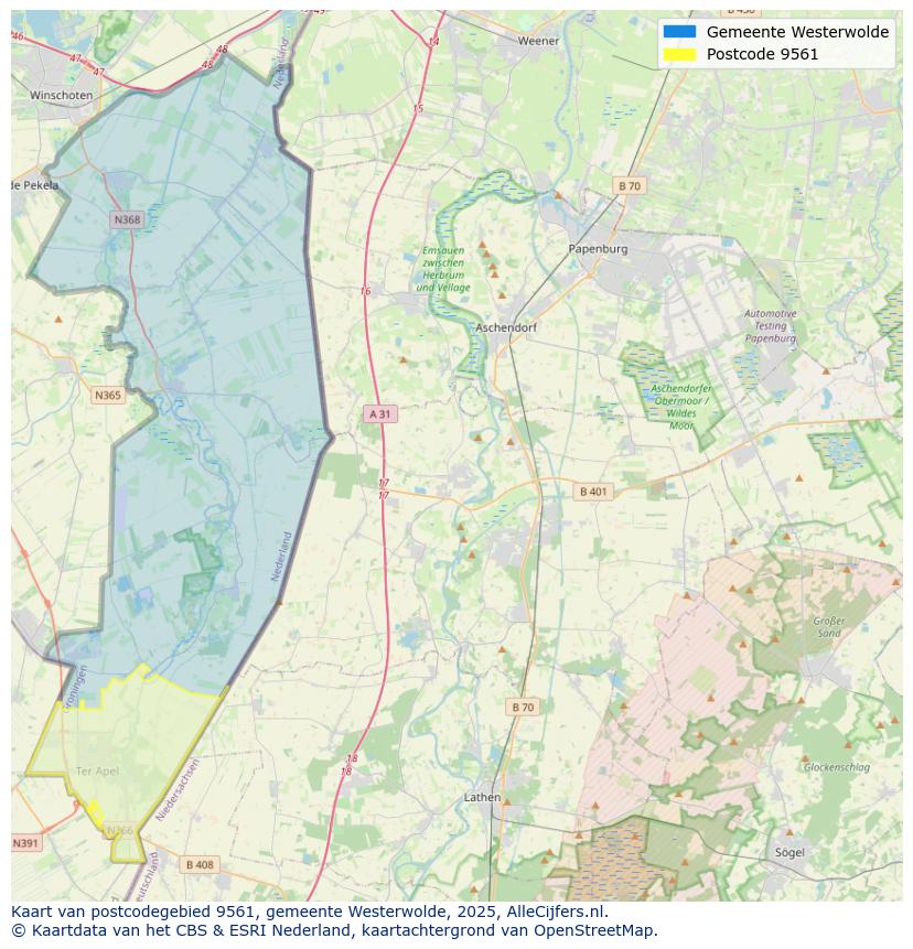 Afbeelding van het postcodegebied 9561 op de kaart.