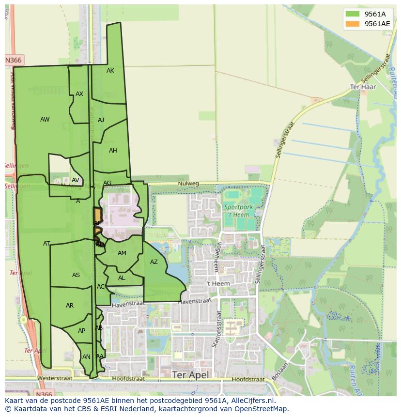Afbeelding van het postcodegebied 9561 AE op de kaart.