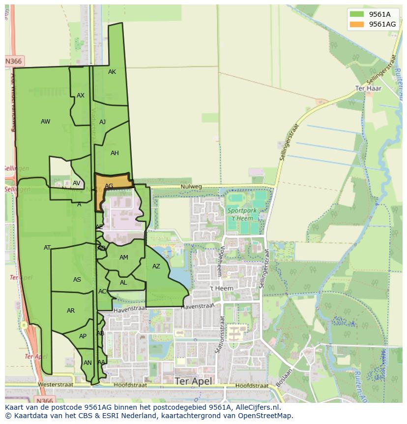 Afbeelding van het postcodegebied 9561 AG op de kaart.
