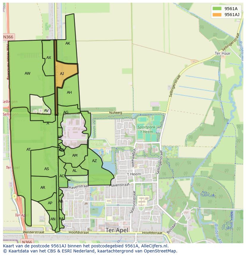 Afbeelding van het postcodegebied 9561 AJ op de kaart.