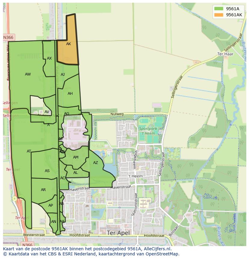 Afbeelding van het postcodegebied 9561 AK op de kaart.