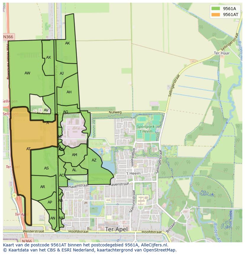 Afbeelding van het postcodegebied 9561 AT op de kaart.