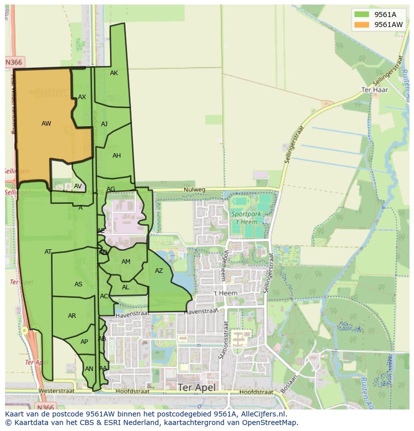 Afbeelding van het postcodegebied 9561 AW op de kaart.