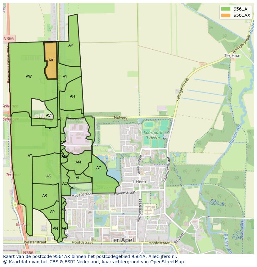 Afbeelding van het postcodegebied 9561 AX op de kaart.