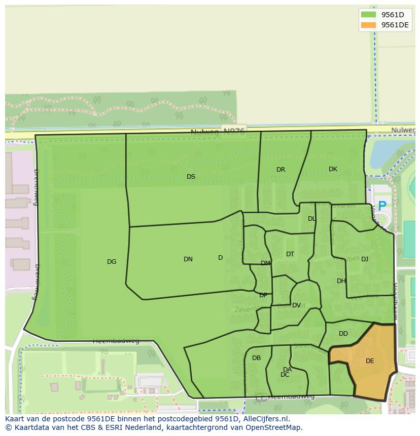 Afbeelding van het postcodegebied 9561 DE op de kaart.