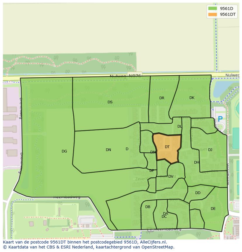 Afbeelding van het postcodegebied 9561 DT op de kaart.