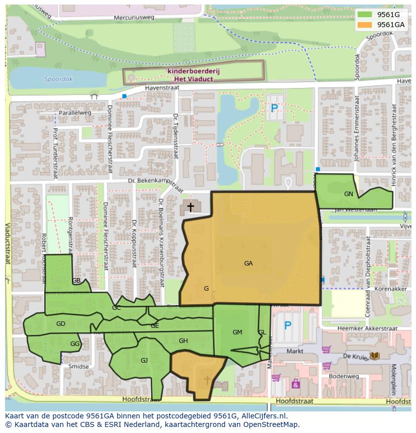 Afbeelding van het postcodegebied 9561 GA op de kaart.