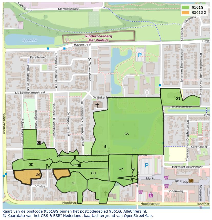 Afbeelding van het postcodegebied 9561 GG op de kaart.