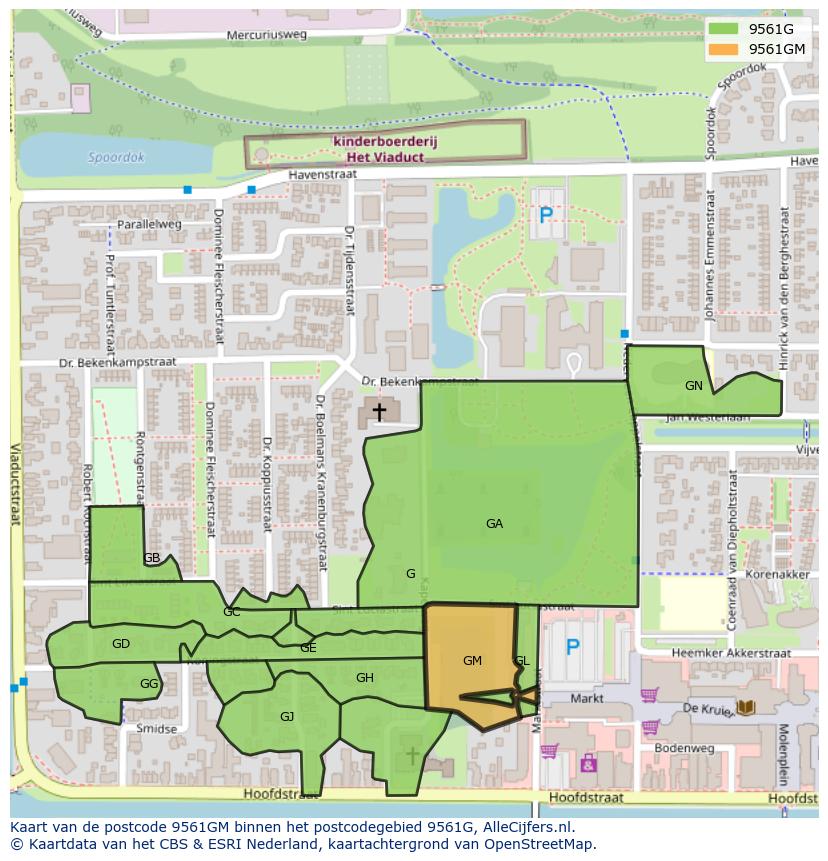 Afbeelding van het postcodegebied 9561 GM op de kaart.