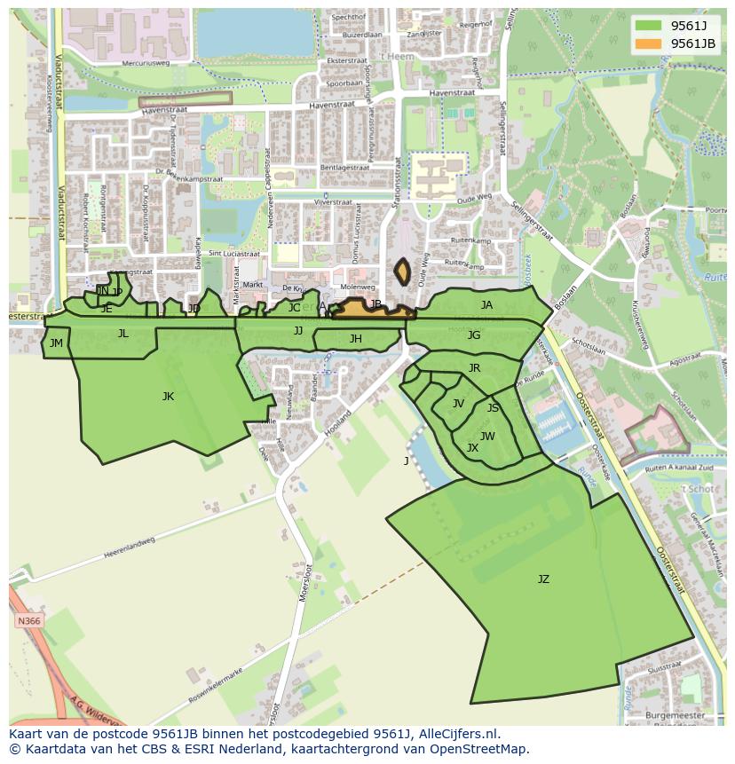 Afbeelding van het postcodegebied 9561 JB op de kaart.