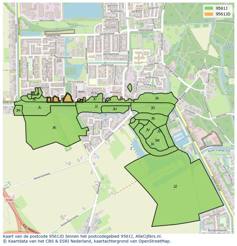 Afbeelding van het postcodegebied 9561 JD op de kaart.