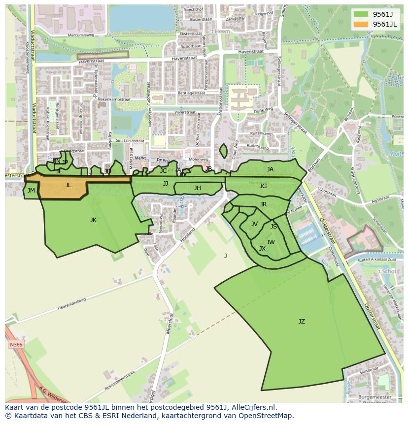 Afbeelding van het postcodegebied 9561 JL op de kaart.