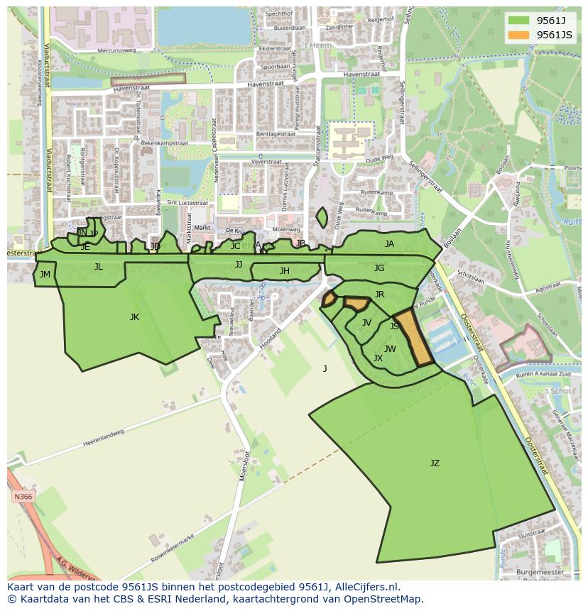 Afbeelding van het postcodegebied 9561 JS op de kaart.