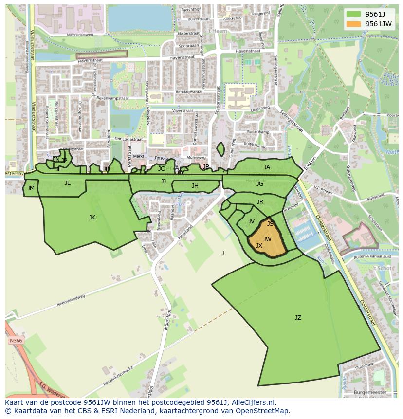 Afbeelding van het postcodegebied 9561 JW op de kaart.