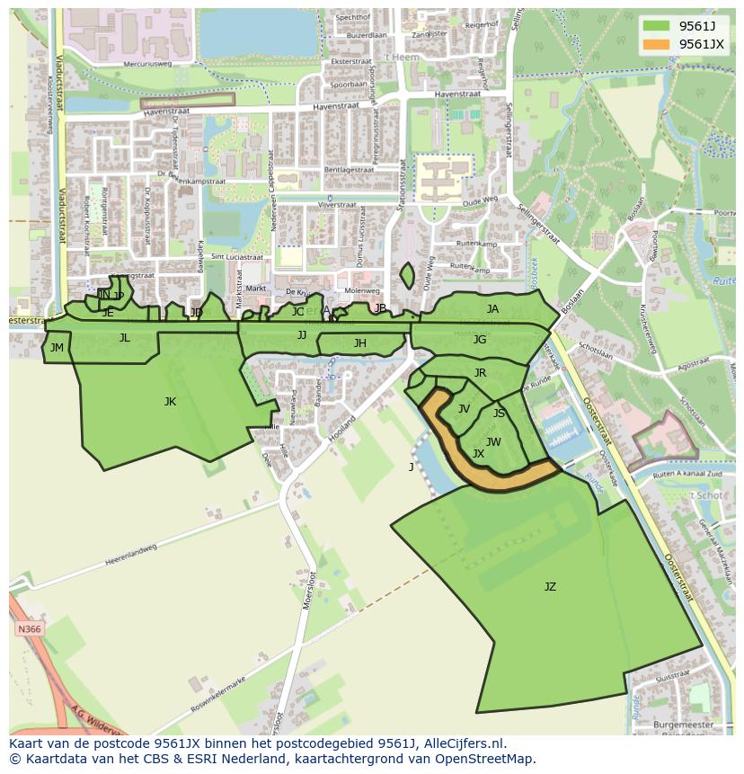 Afbeelding van het postcodegebied 9561 JX op de kaart.