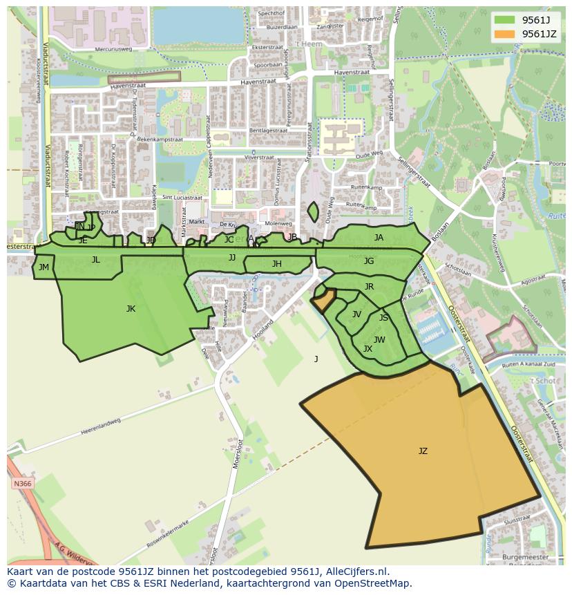 Afbeelding van het postcodegebied 9561 JZ op de kaart.