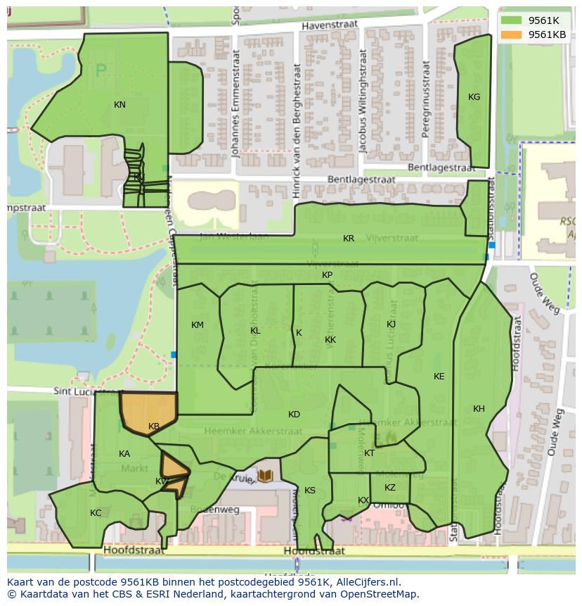 Afbeelding van het postcodegebied 9561 KB op de kaart.