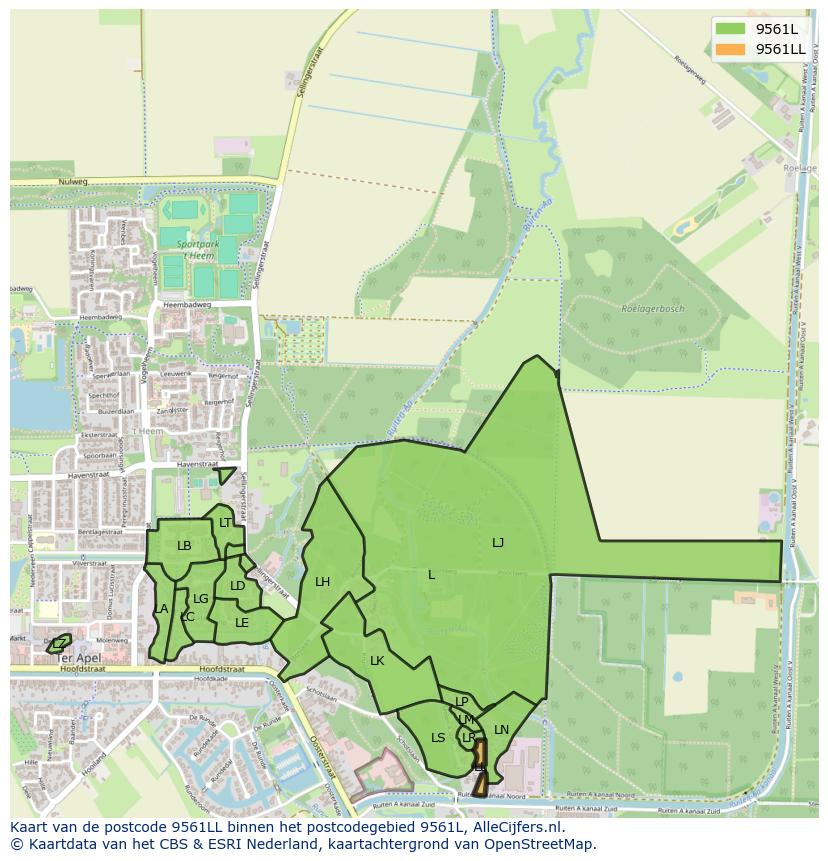 Afbeelding van het postcodegebied 9561 LL op de kaart.