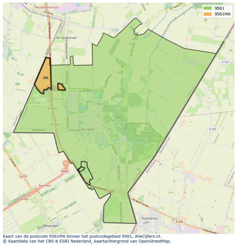Afbeelding van het postcodegebied 9561 MA op de kaart.