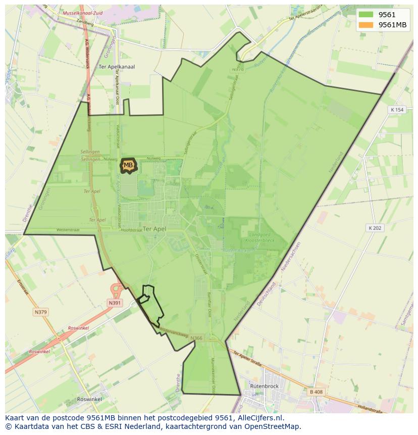 Afbeelding van het postcodegebied 9561 MB op de kaart.