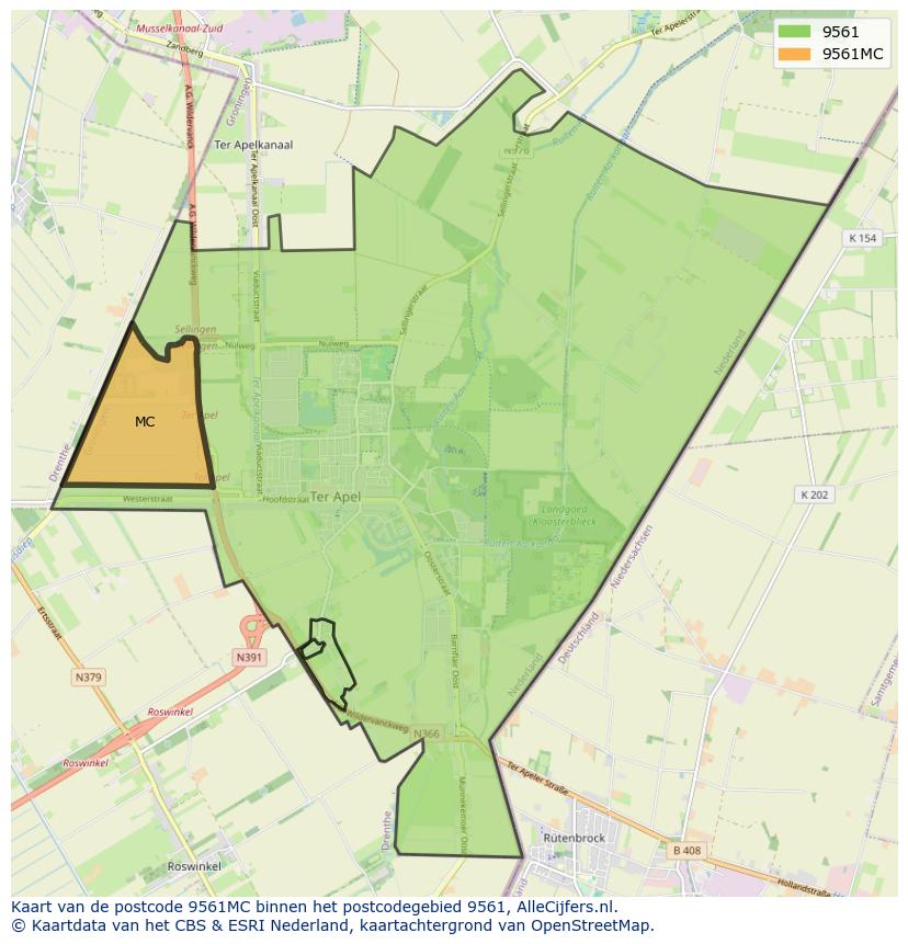Afbeelding van het postcodegebied 9561 MC op de kaart.