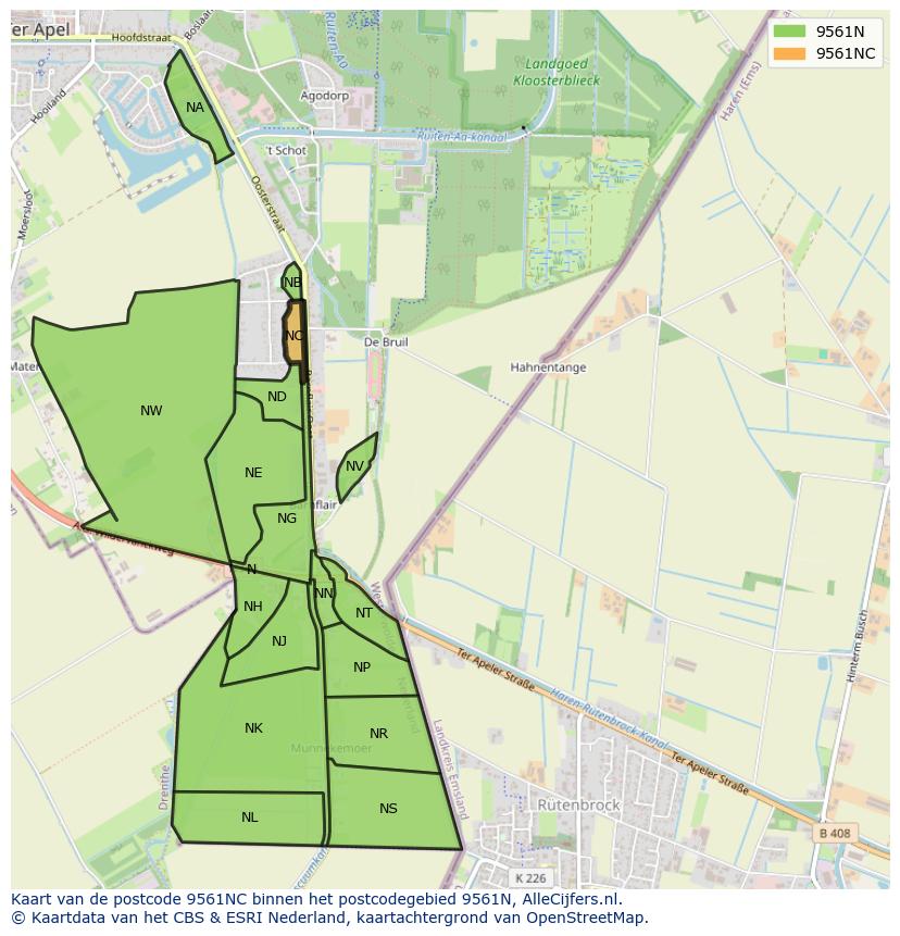 Afbeelding van het postcodegebied 9561 NC op de kaart.