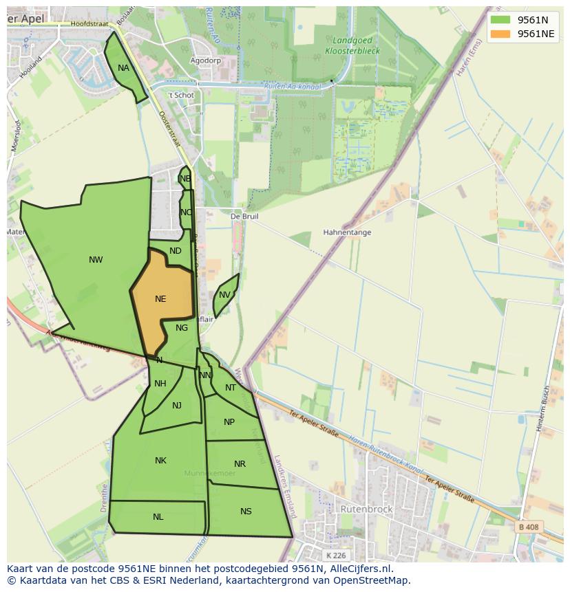 Afbeelding van het postcodegebied 9561 NE op de kaart.