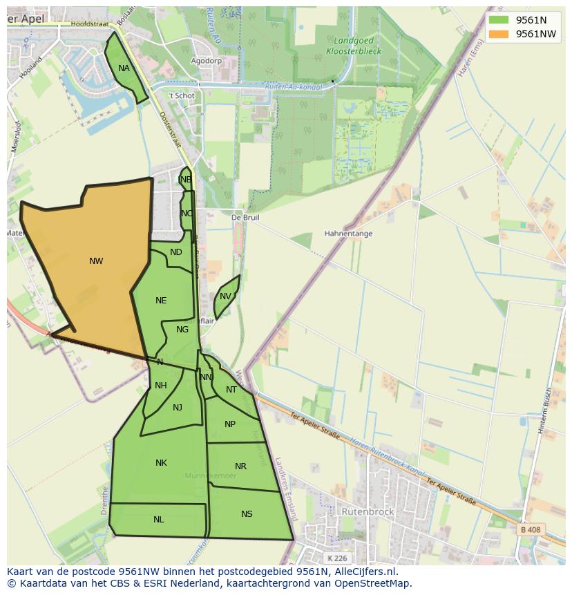 Afbeelding van het postcodegebied 9561 NW op de kaart.
