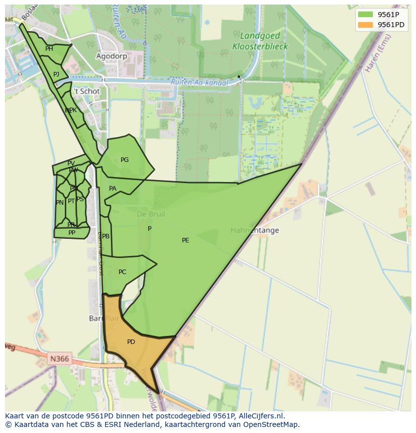 Afbeelding van het postcodegebied 9561 PD op de kaart.