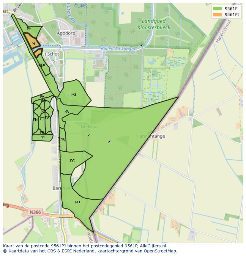 Afbeelding van het postcodegebied 9561 PJ op de kaart.