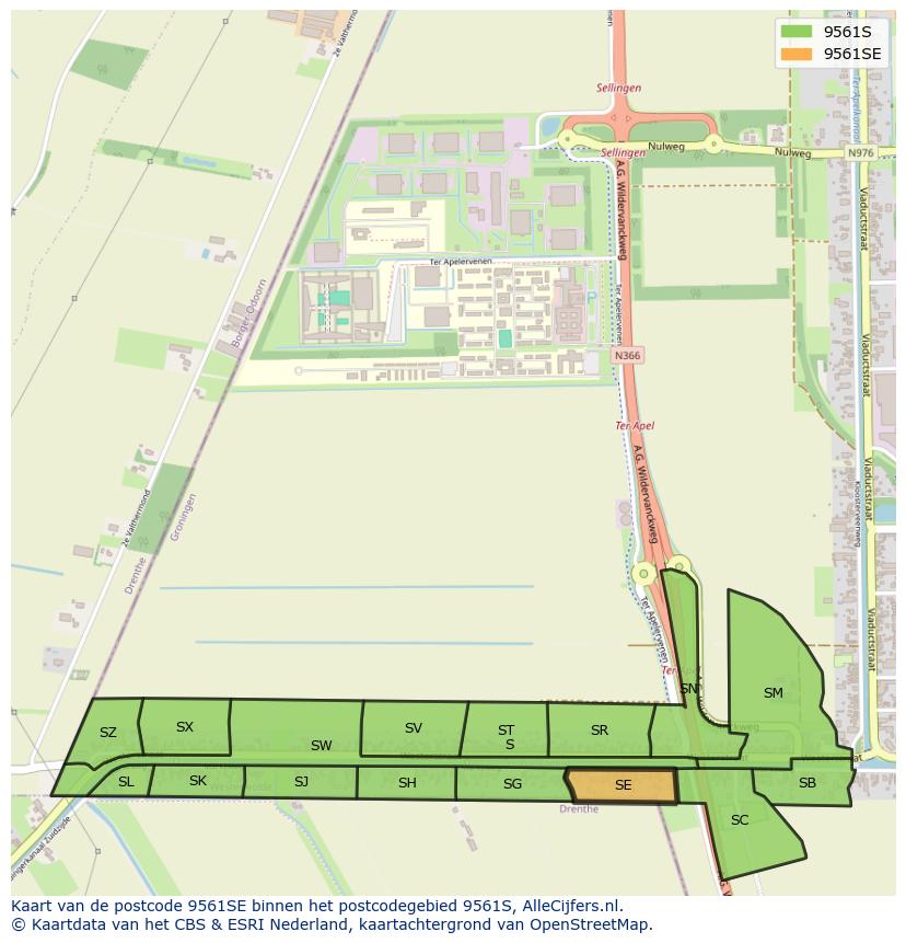 Afbeelding van het postcodegebied 9561 SE op de kaart.