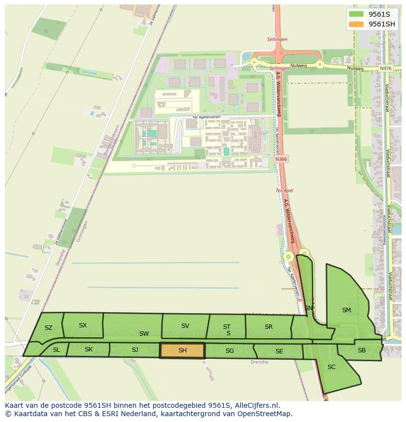 Afbeelding van het postcodegebied 9561 SH op de kaart.
