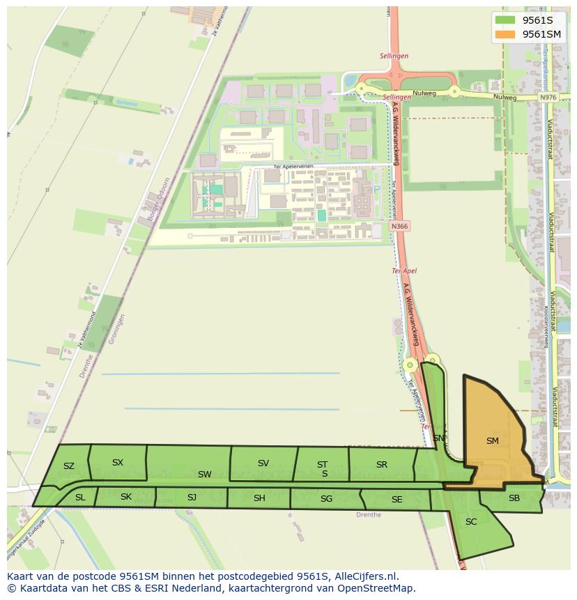 Afbeelding van het postcodegebied 9561 SM op de kaart.