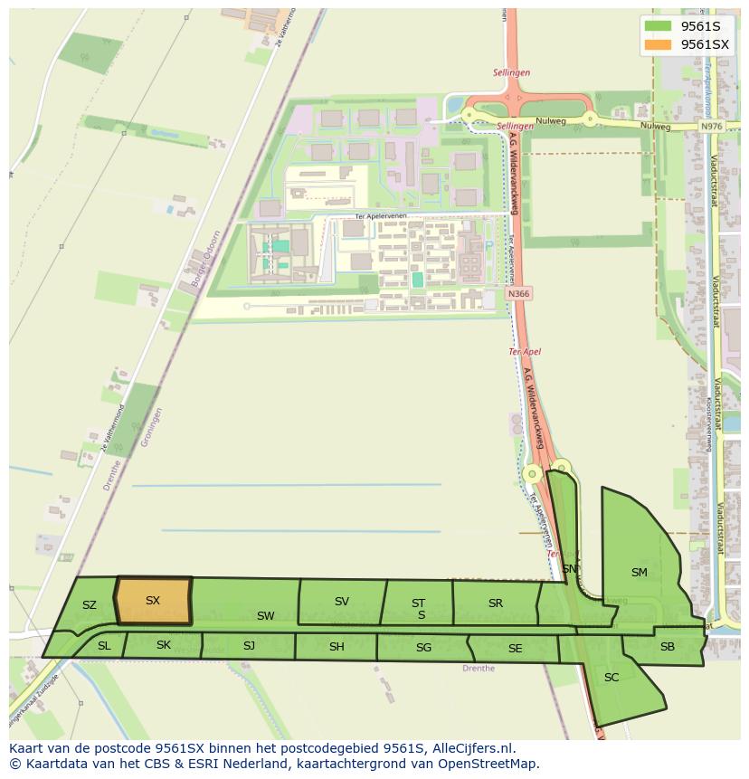 Afbeelding van het postcodegebied 9561 SX op de kaart.