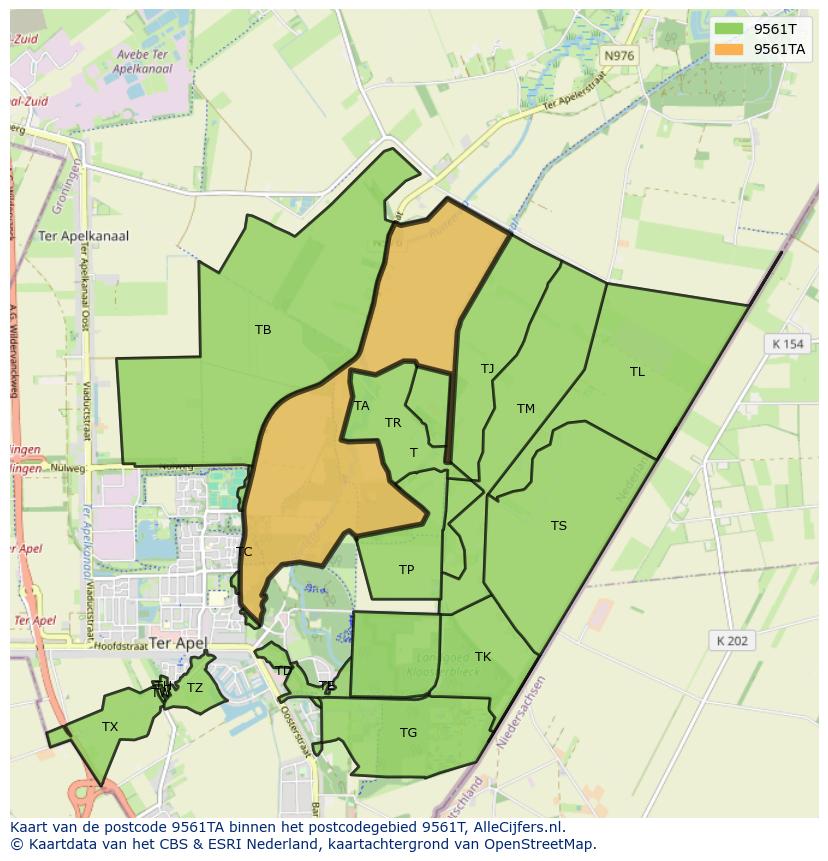 Afbeelding van het postcodegebied 9561 TA op de kaart.