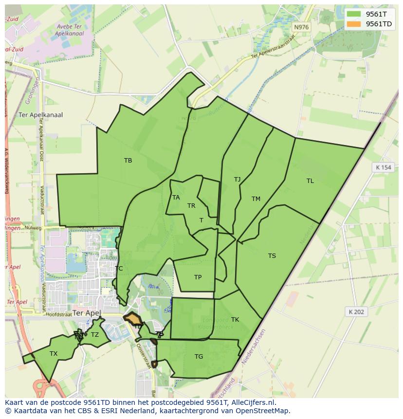 Afbeelding van het postcodegebied 9561 TD op de kaart.