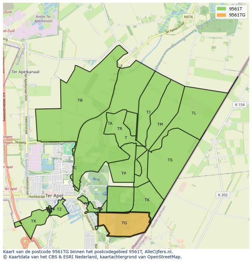 Afbeelding van het postcodegebied 9561 TG op de kaart.