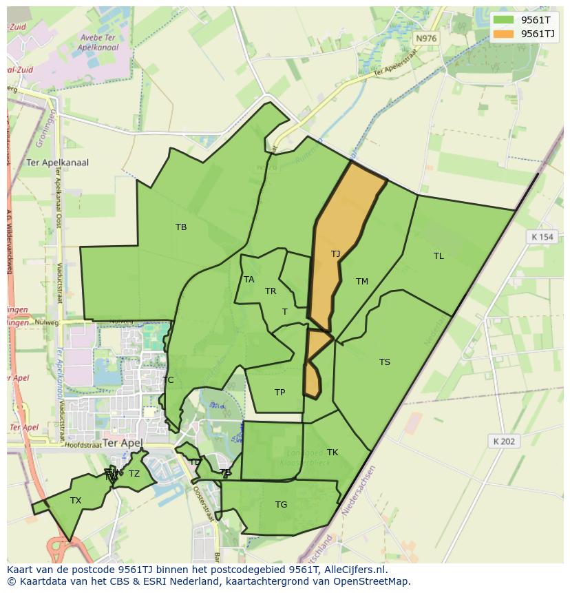Afbeelding van het postcodegebied 9561 TJ op de kaart.
