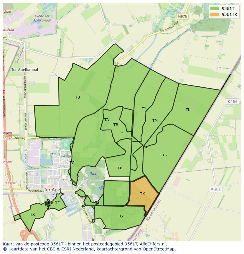 Afbeelding van het postcodegebied 9561 TK op de kaart.
