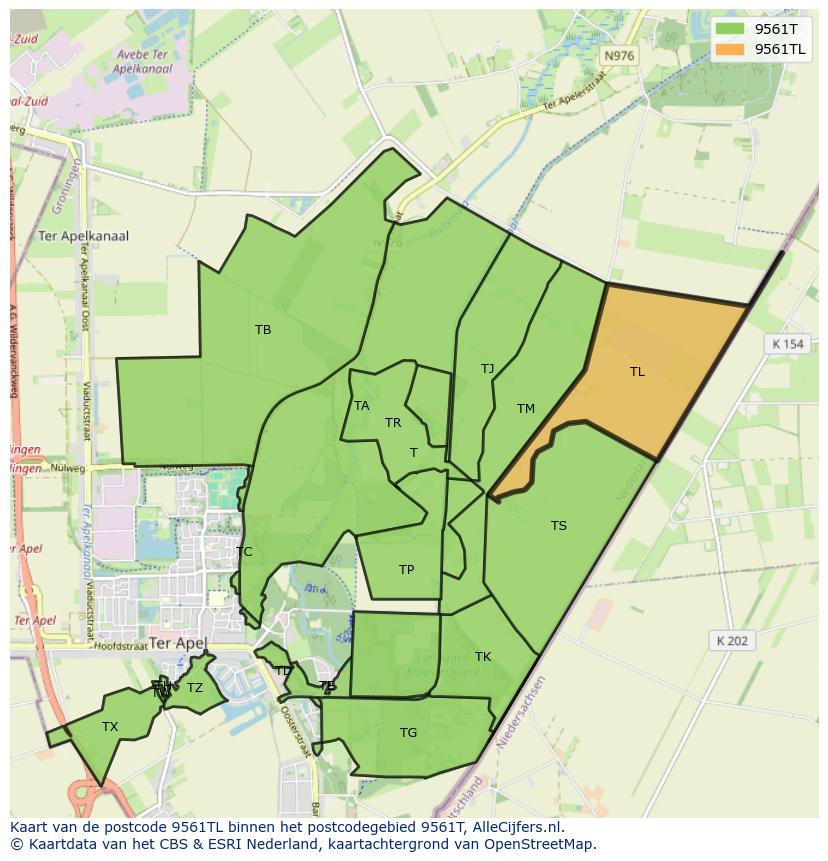 Afbeelding van het postcodegebied 9561 TL op de kaart.